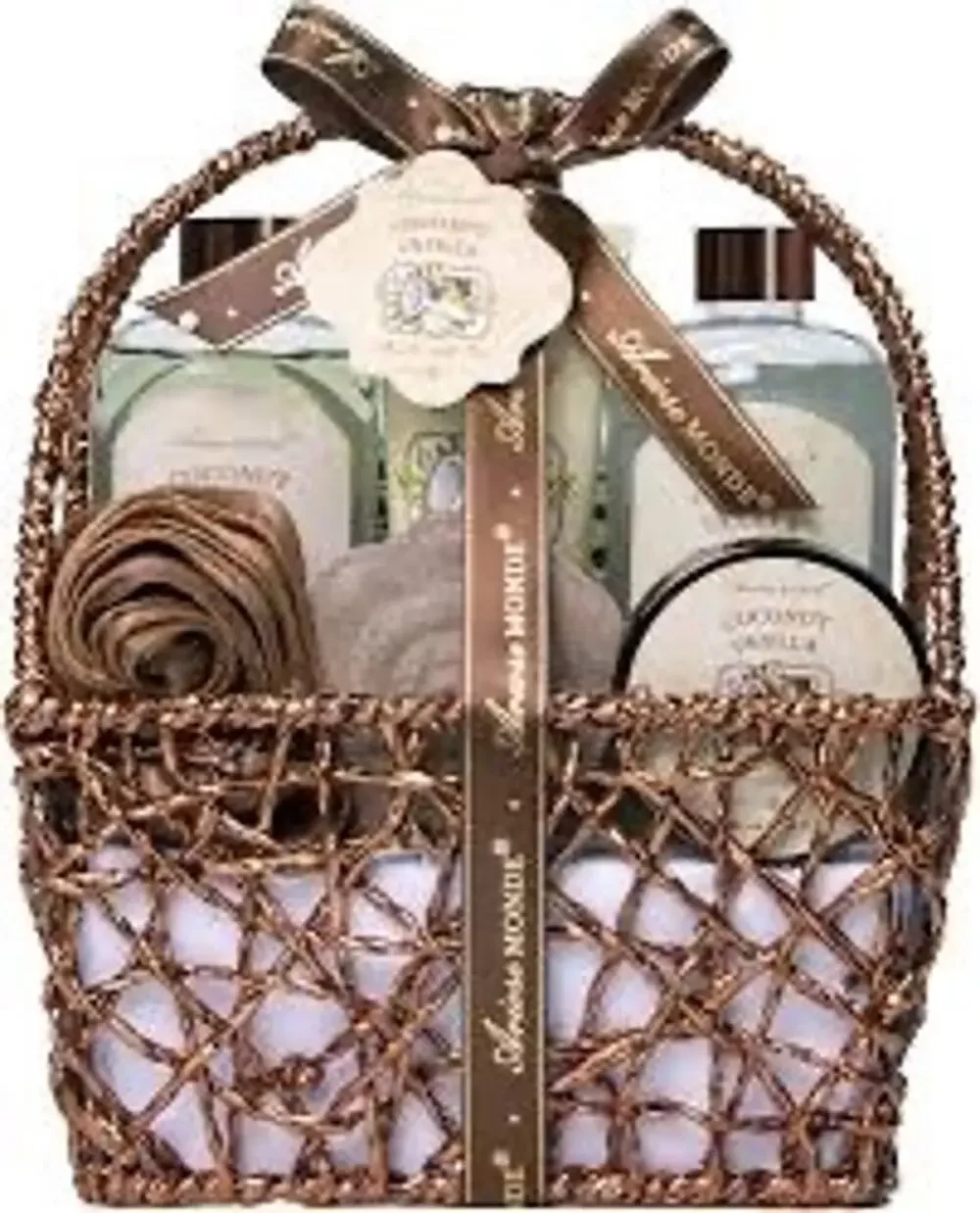 NIB ArioseMonde Coconut Vanilla Spa Gift Basket 8-Piece Bath Metal Wire Set